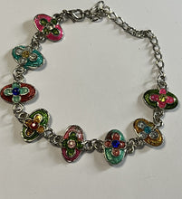 Vintage Silver Tone Enamel Multicoloured Flowers Bracelet