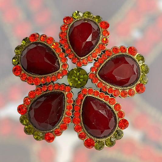 Vintage Red Green Diamanté Flower Statement Brooch