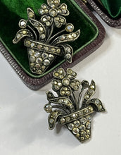 Vintage Unique Silver Tone Marcasite Flower Pot Clip On Earrings