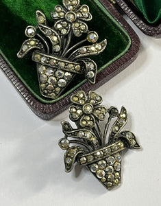 Vintage Unique Silver Tone Marcasite Flower Pot Clip On Earrings