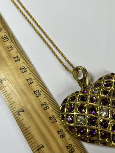 Vintage Gold Tone Purple Clear Diamanté Statement Heart Pendant Necklace