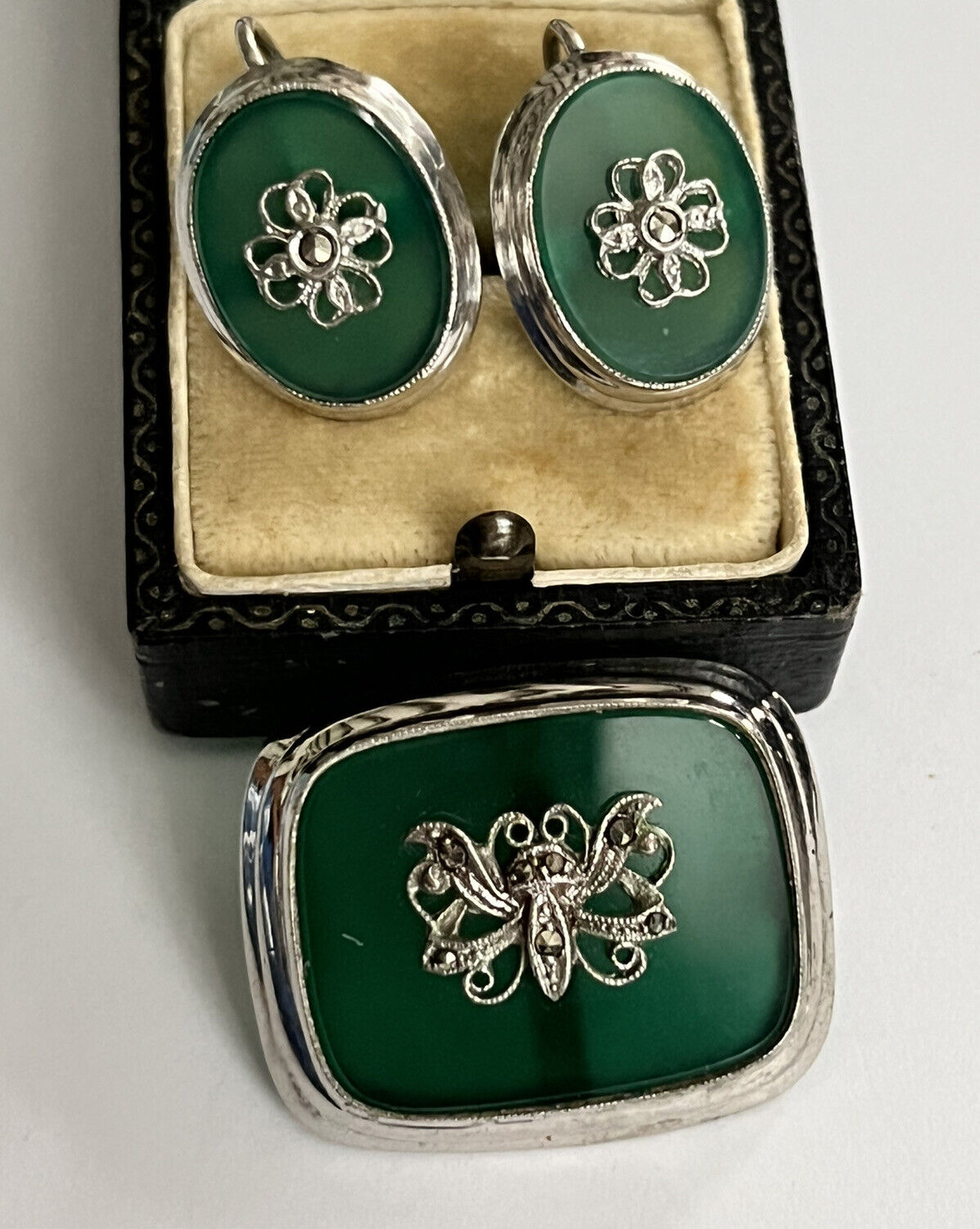 Vintage Silver 925 Green Onyx Marcasite Brooch And Screwback Earring Set