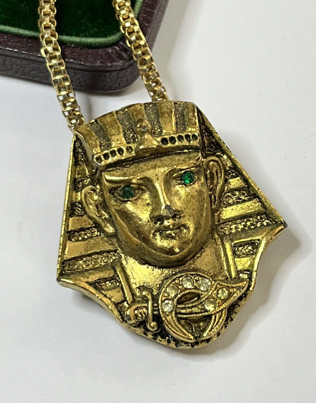 Vintage Gold Tone Green Diamanté Egyptian Pharaoh Pendant Necklace