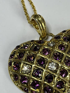 Vintage Gold Tone Purple Clear Diamanté Statement Heart Pendant Necklace