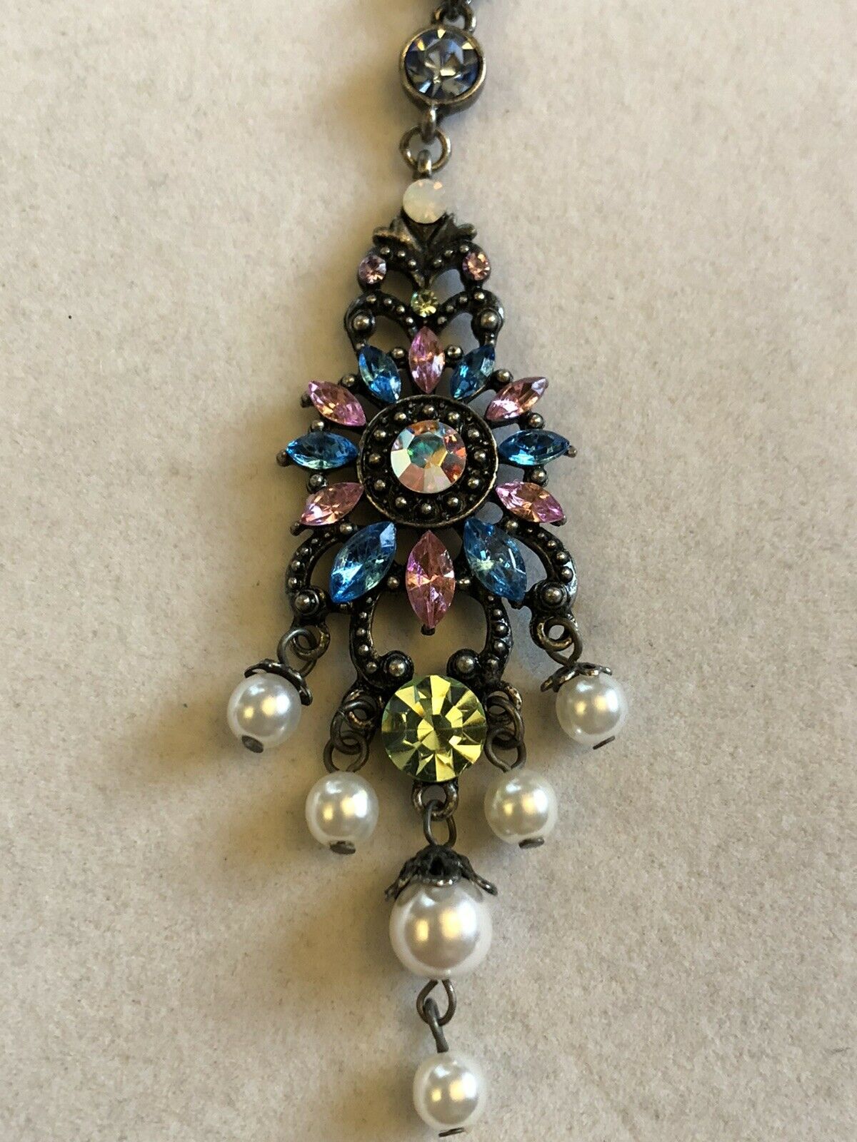 Vintage Pink Blue Diamanté Faux Pearl Necklace
