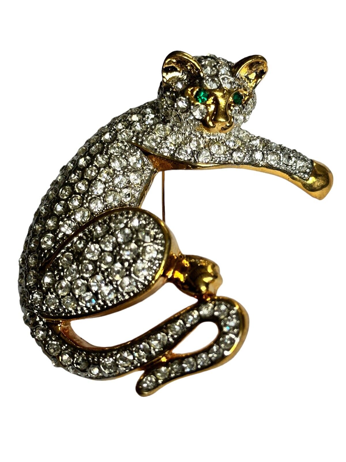 Vintage Runway Gold Tone Large Diamanté Cat Brooch