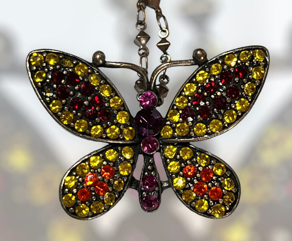 Vintage Multicoloured Diamanté Butterfly Necklace