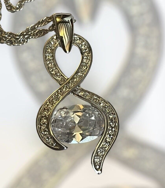 Vintage 1980s Rhodium Plated Solitaire Crystal Necklace New Old Stock