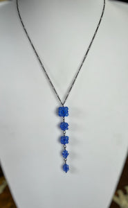 Vintage Silver Tone Blue Beaded Drops Necklace
