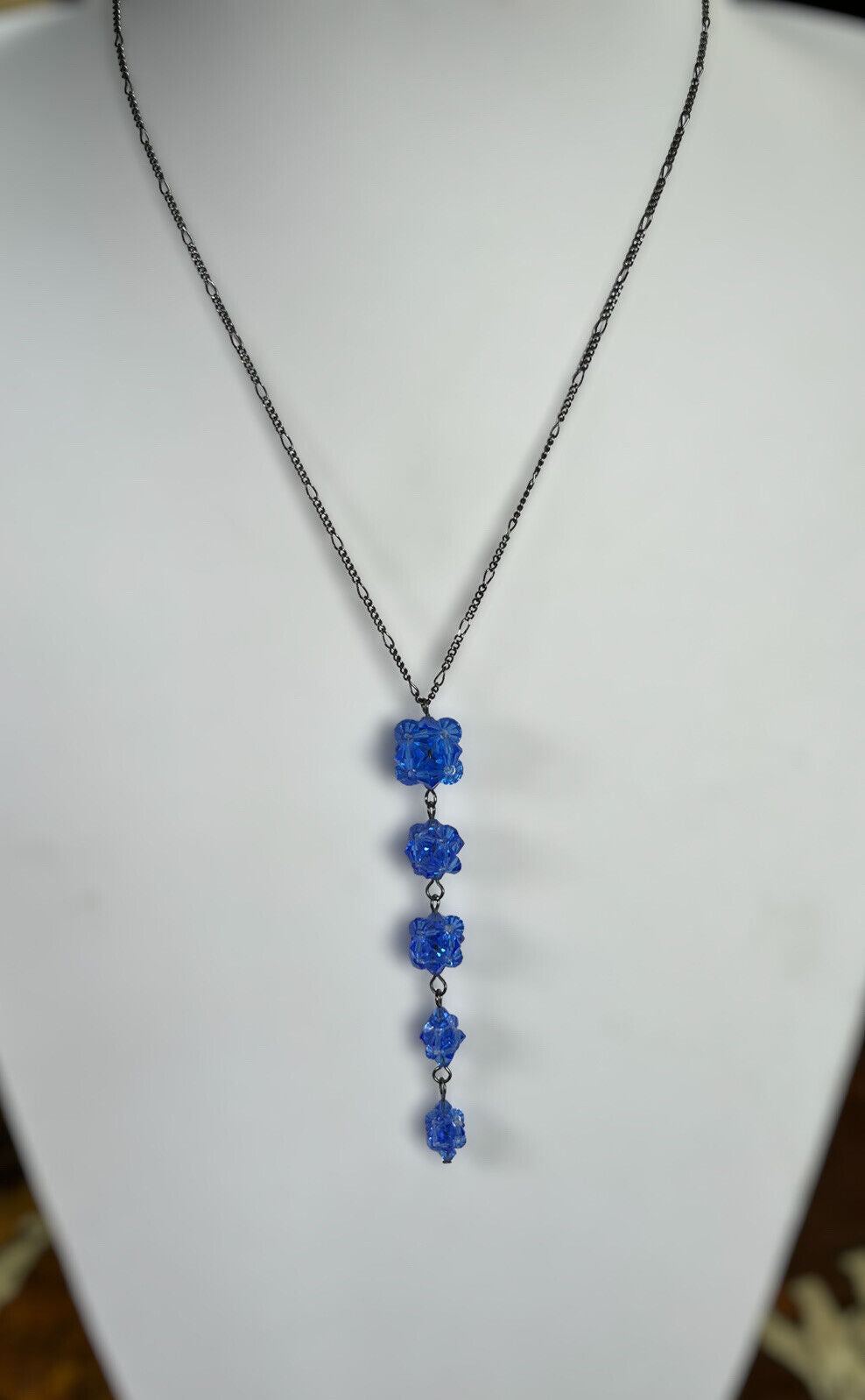 Vintage Silver Tone Blue Beaded Drops Necklace