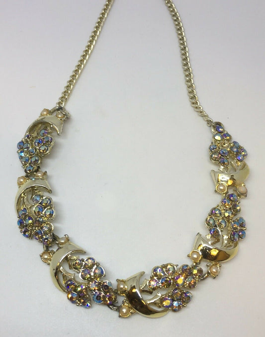 Stylish 1960s Blue Aurora Borealis And Faux Pearls On Gold Tone Metal Necklace