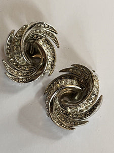 Vintage Silver Tone Swirl Diamanté Clip On Earrings