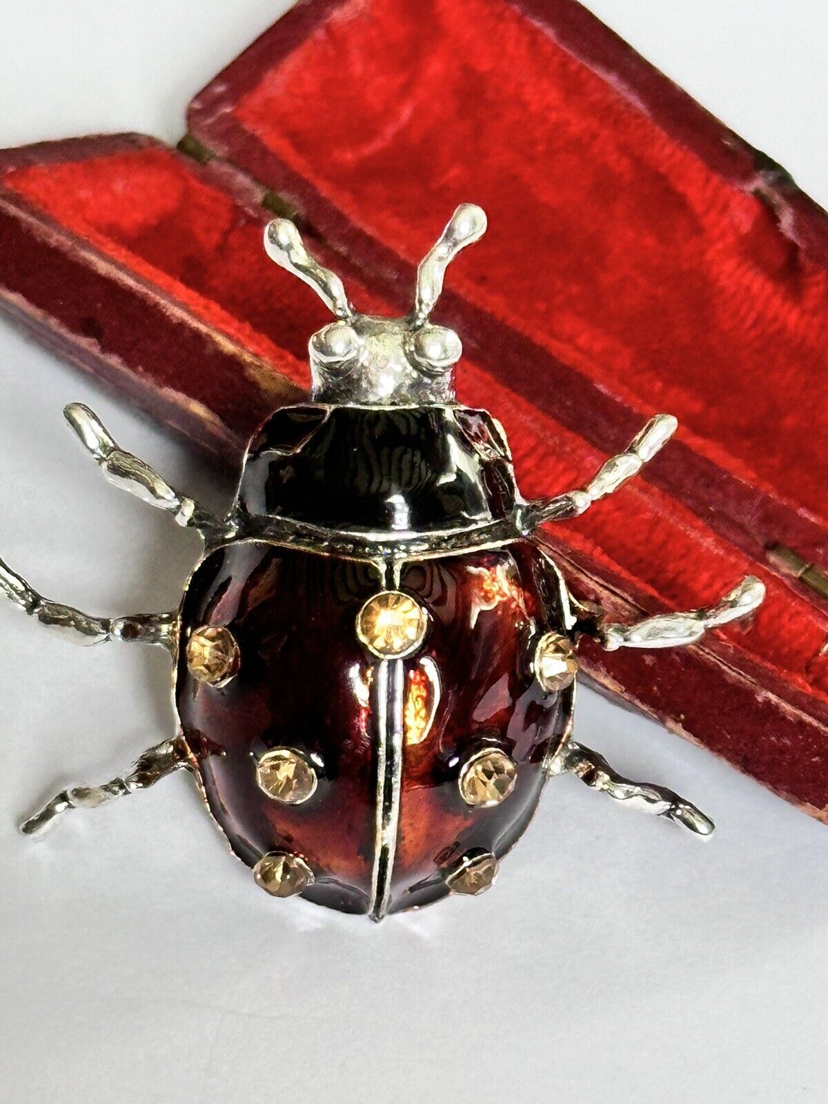 Vintage Red Enamel Diamanté Ladybird Ladybug Brooch