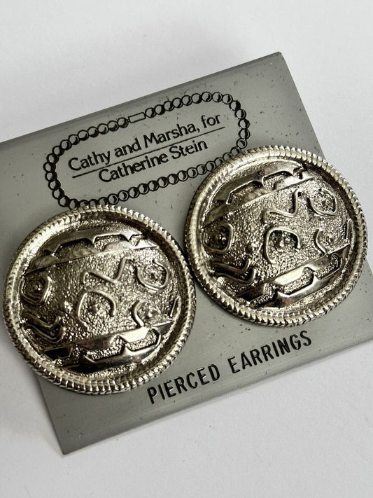 Vintage 1980s Cathy And Marsha For Catherine Stein Silver Tone Disk Earrings