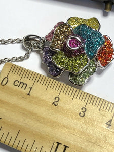 Vintage Signed 1980s Rhodium Multicoloured Crystal Detailed Flower Necklace