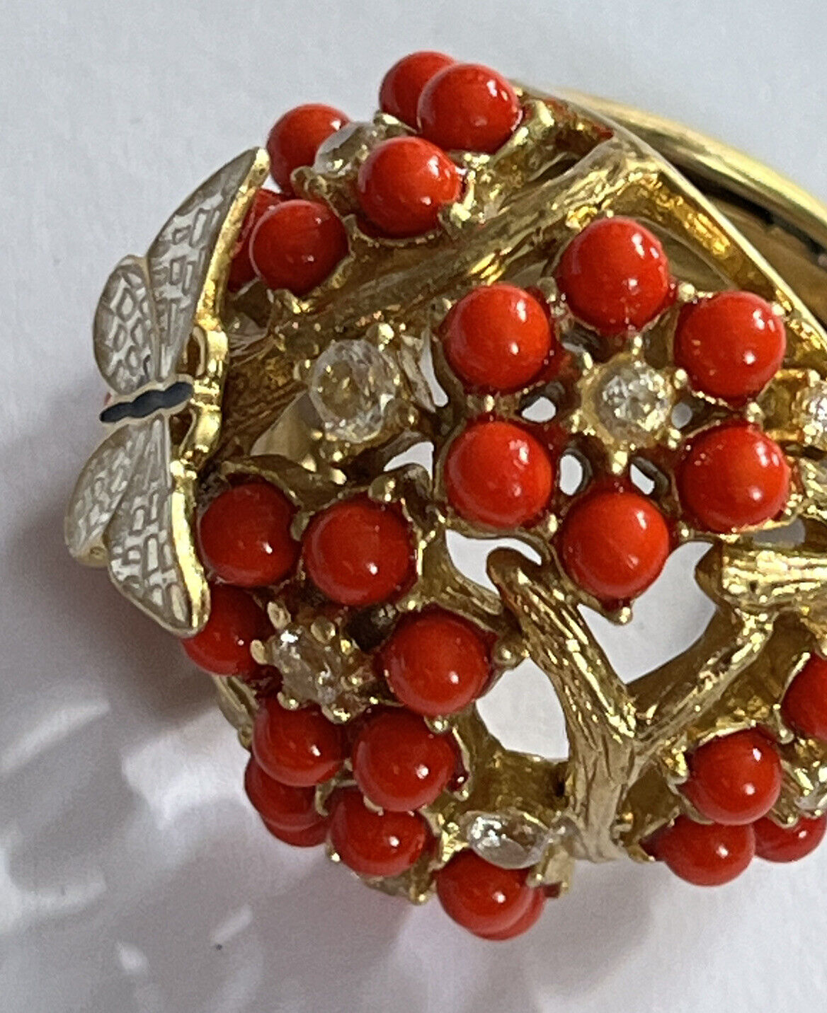 Vintage Gold Tone Orange Bead Diamanté Butterfly Statement Ring