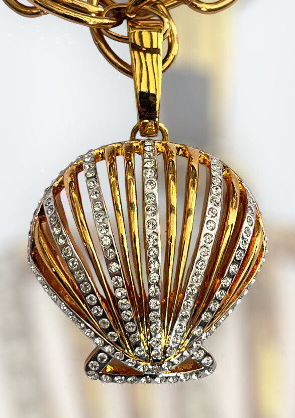 Vintage 1980s Gold Plated Shell Diamanté Statement Necklace