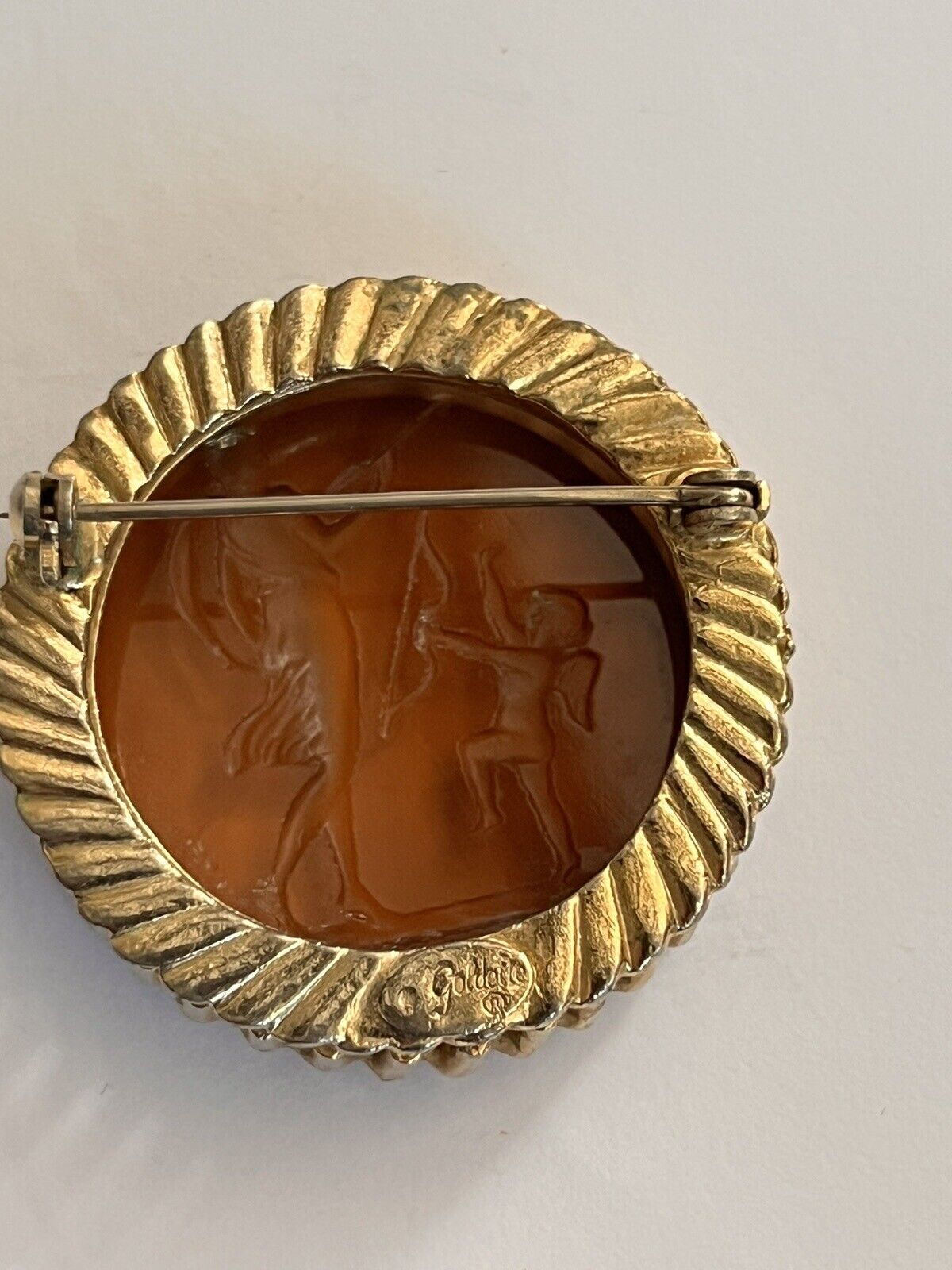 Vintage Goldette Glass Intaglio Cupid Gold Tone Brooch