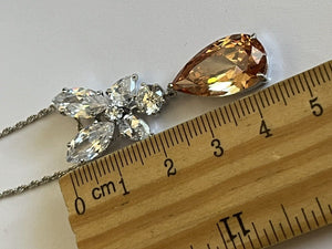Vintage 1980s Rhodium Plated Orange Teardrop Crystal Necklace New Old Stock