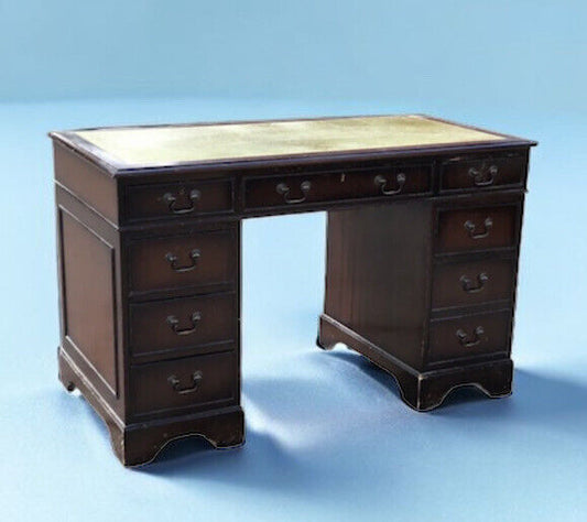 Mahogany Pedestal Desk With Green Leather Top.