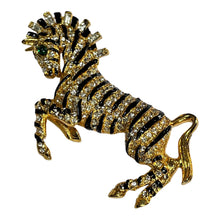 Vintage Gold Tone Diamanté Enamel Stylised Zebra Brooch
