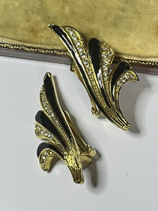 Vintage Gold Tone Black Enamel Diamanté Clip On Earrings