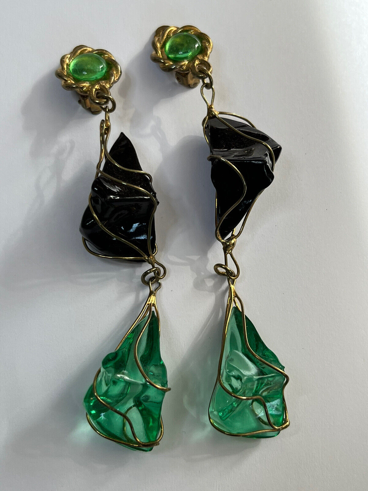 Vintage 1980s Black Green Acrylic Long Length Statement Earrings