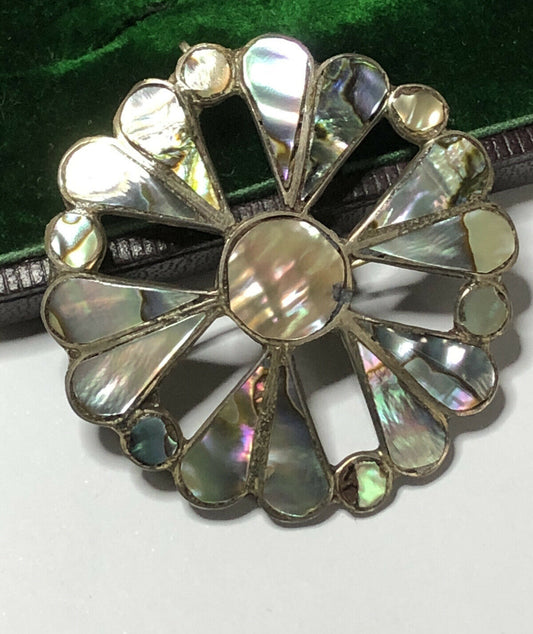 Vintage Taxco Sterling Silver Paua Shell Flower Brooch