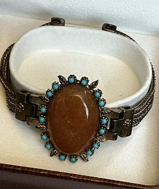 Vintage Gold Tone Orange Stone Faux Turquoise Statement Bracelet