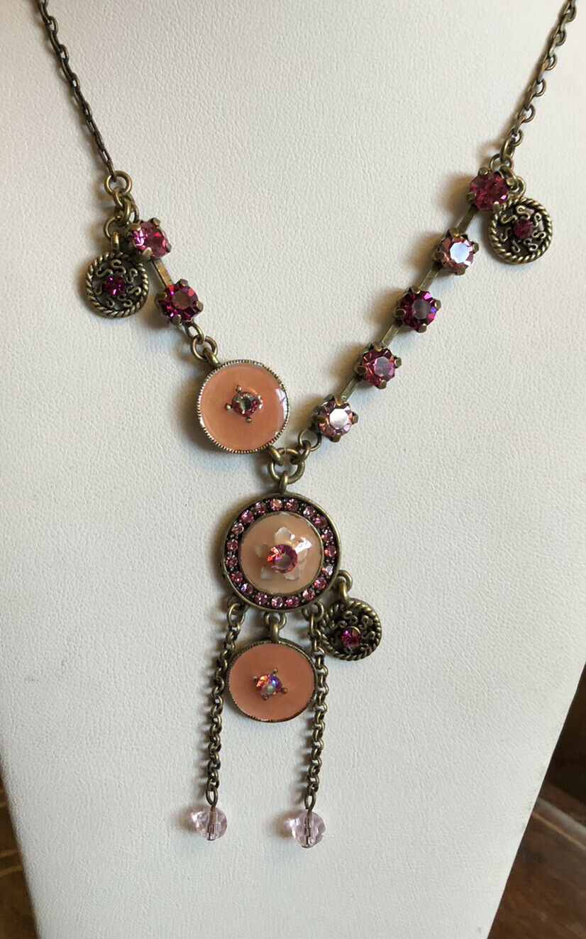 Vintage Pink Diamanté Enamel Drop Necklace