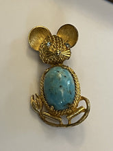 Vintage Gold Tone Turquoise Jelly Belly Mouse Brooch Signed Art