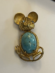 Vintage Gold Tone Turquoise Jelly Belly Mouse Brooch Signed Art