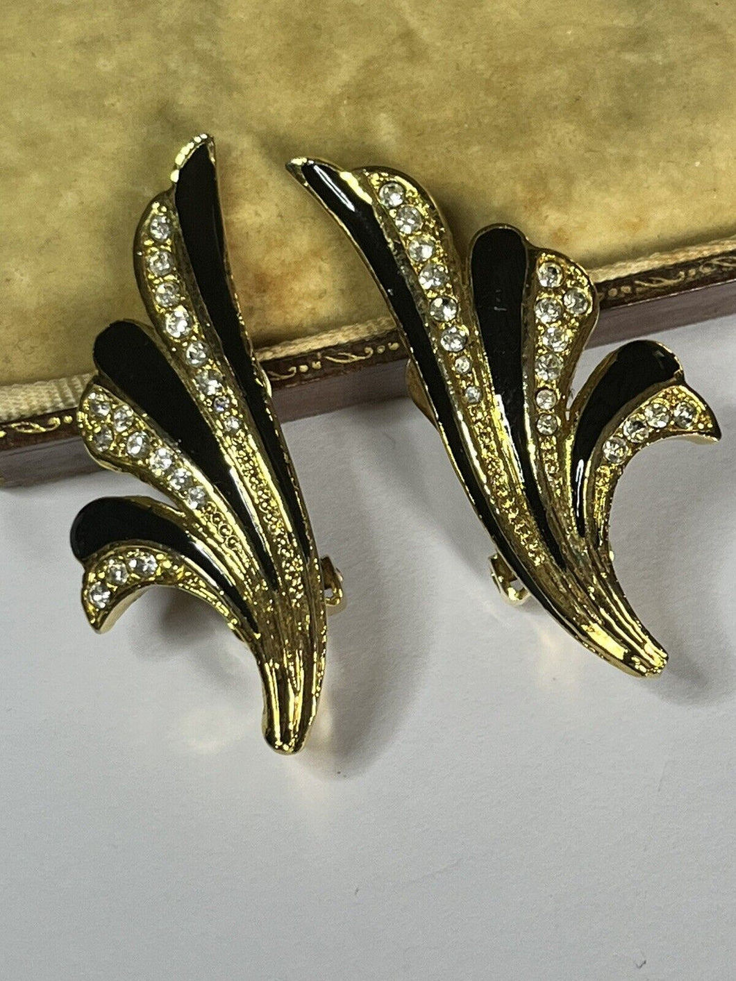 Vintage Gold Tone Black Enamel Diamanté Clip On Earrings