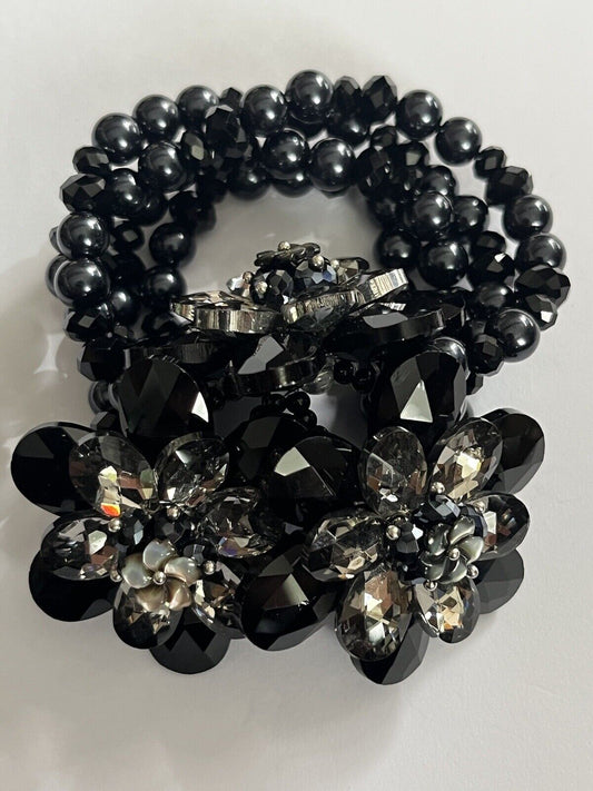 Butler And Wilson Gunmetal Black Flowers Beaded Statement Bracelet