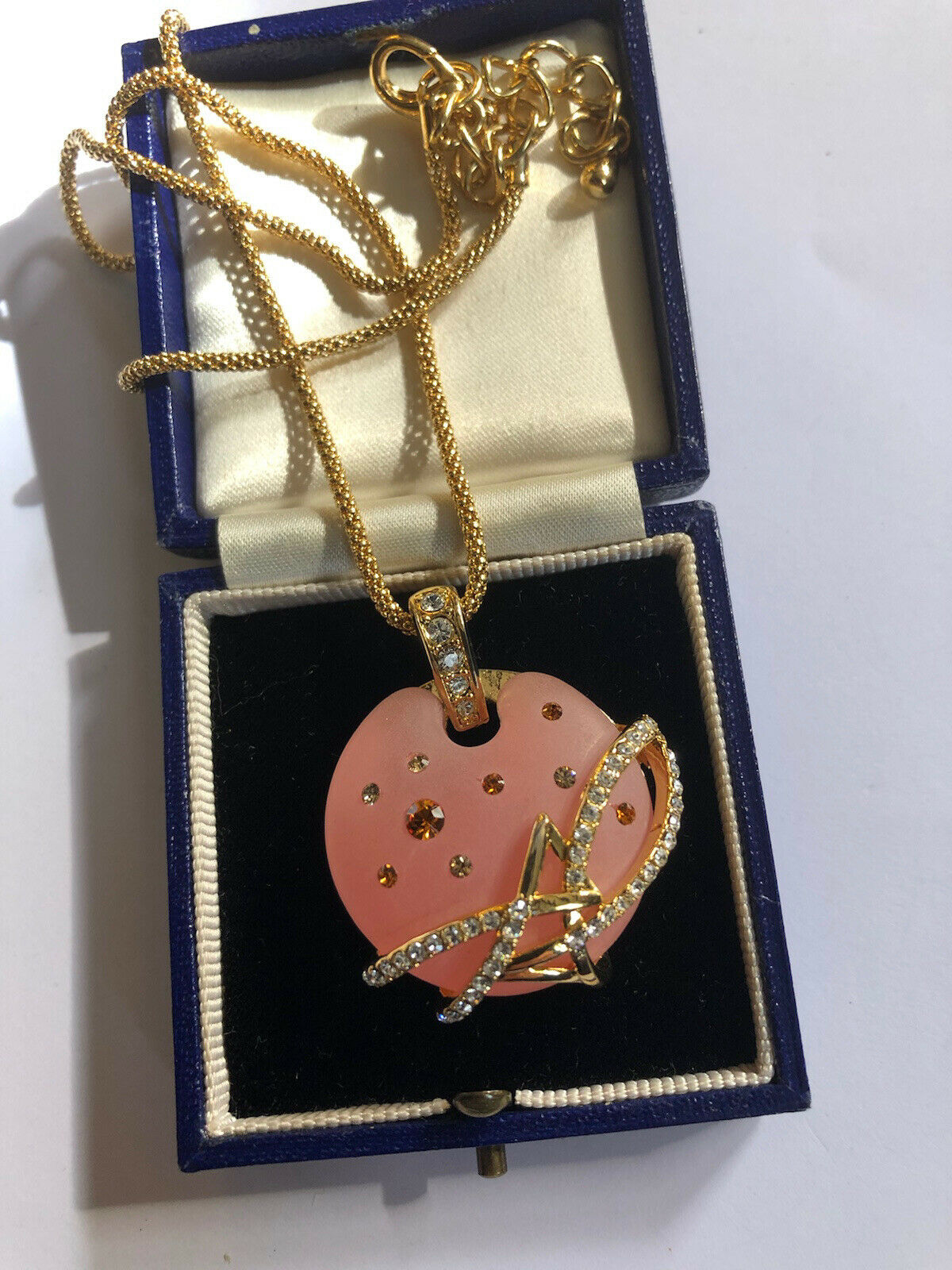 Vintage 1980s Gold Tone Peach Diamanté Pendant Necklace