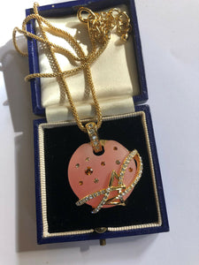 Vintage 1980s Gold Tone Peach Diamanté Pendant Necklace