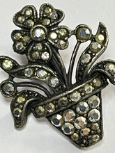 Vintage Unique Silver Tone Marcasite Flower Pot Clip On Earrings