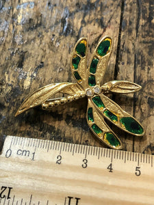 Vintage Gold Tone Diamanté Enamel Dragonfly Brooch