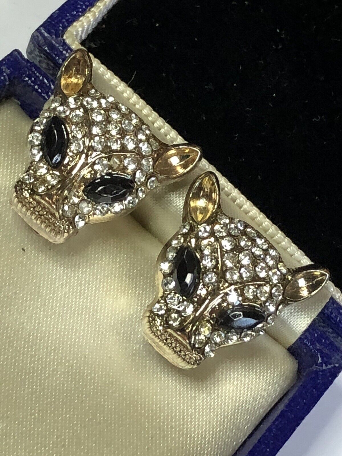 Vintage Jaguar Leopard Diamanté Clip On Earrings