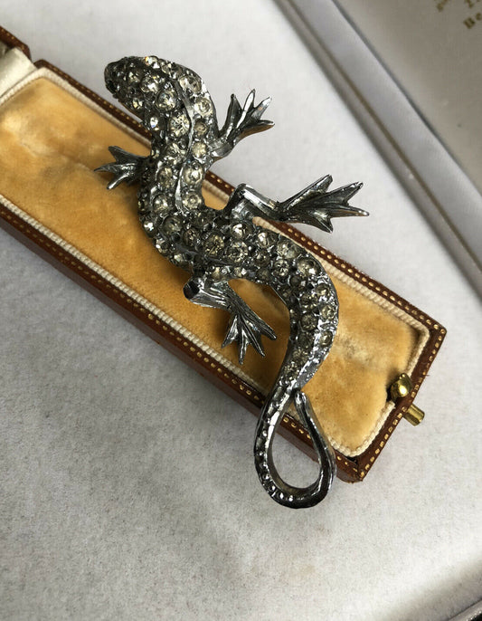 Vintage Silver Tone Paste Lizard Brooch Statement Piece