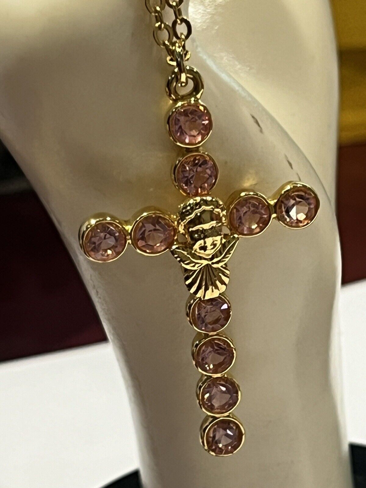 Vintage Kirks Folly Pink Diamanté Cherub Crucifix Cross Pendant Necklace