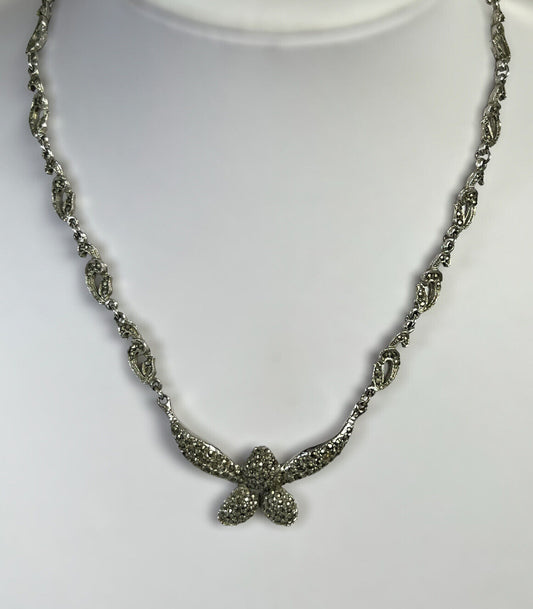 Vintage Silver Tone Orchid Marcasite Necklace
