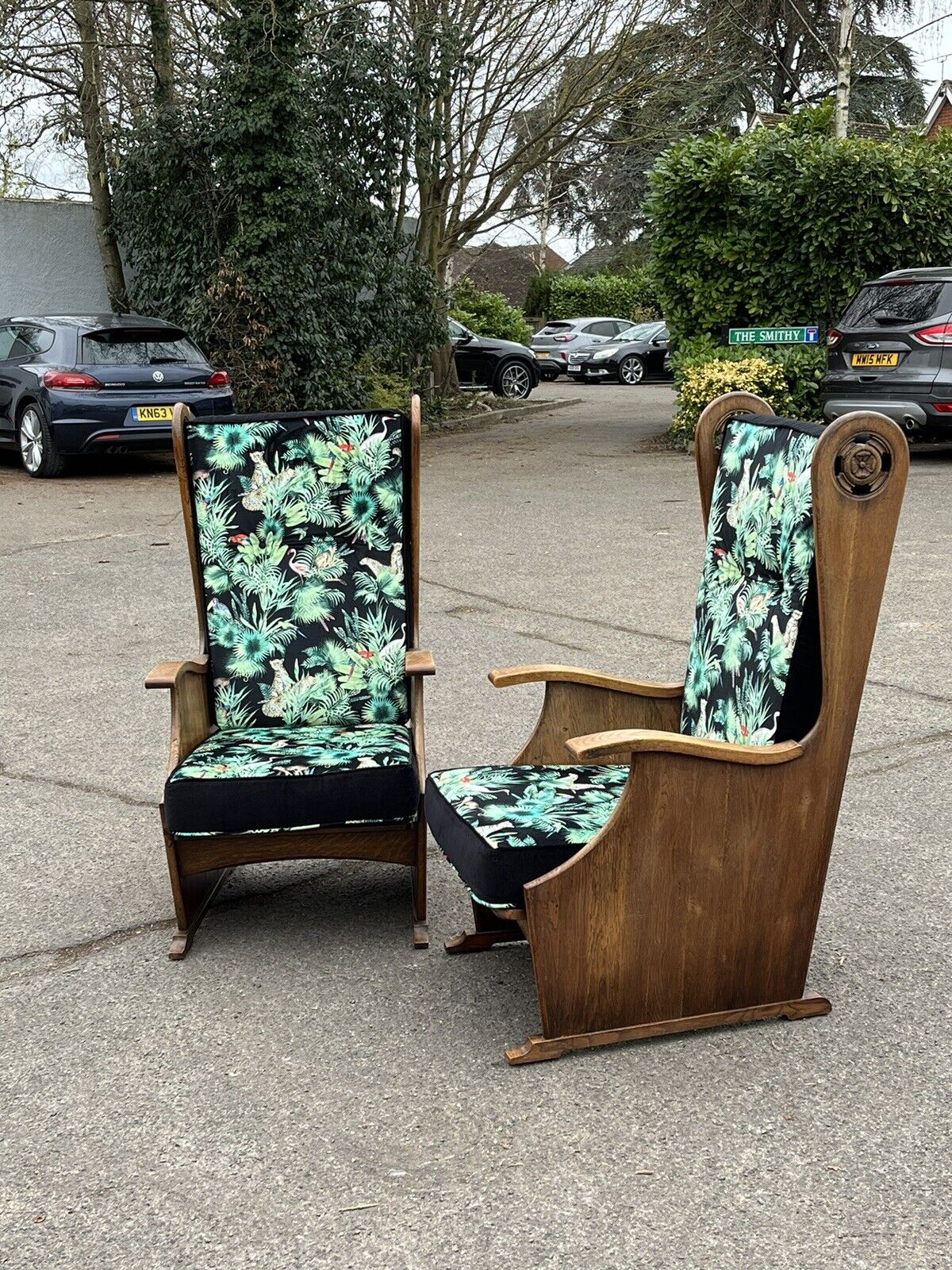 Mid Century Oak Armchairs Newly Upholstered In A Bright Jungle Print.