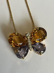 Vintage 1980s Gold Plated Crystal Butterfly Necklace New Old Stock