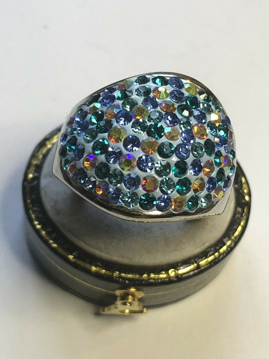 Vintage Rhodium Plated Blue Green Multicolour CZ Statement Ring