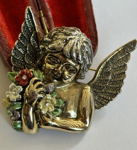 Vintage Gold Plated Enamel Cherub Flowers Brooch