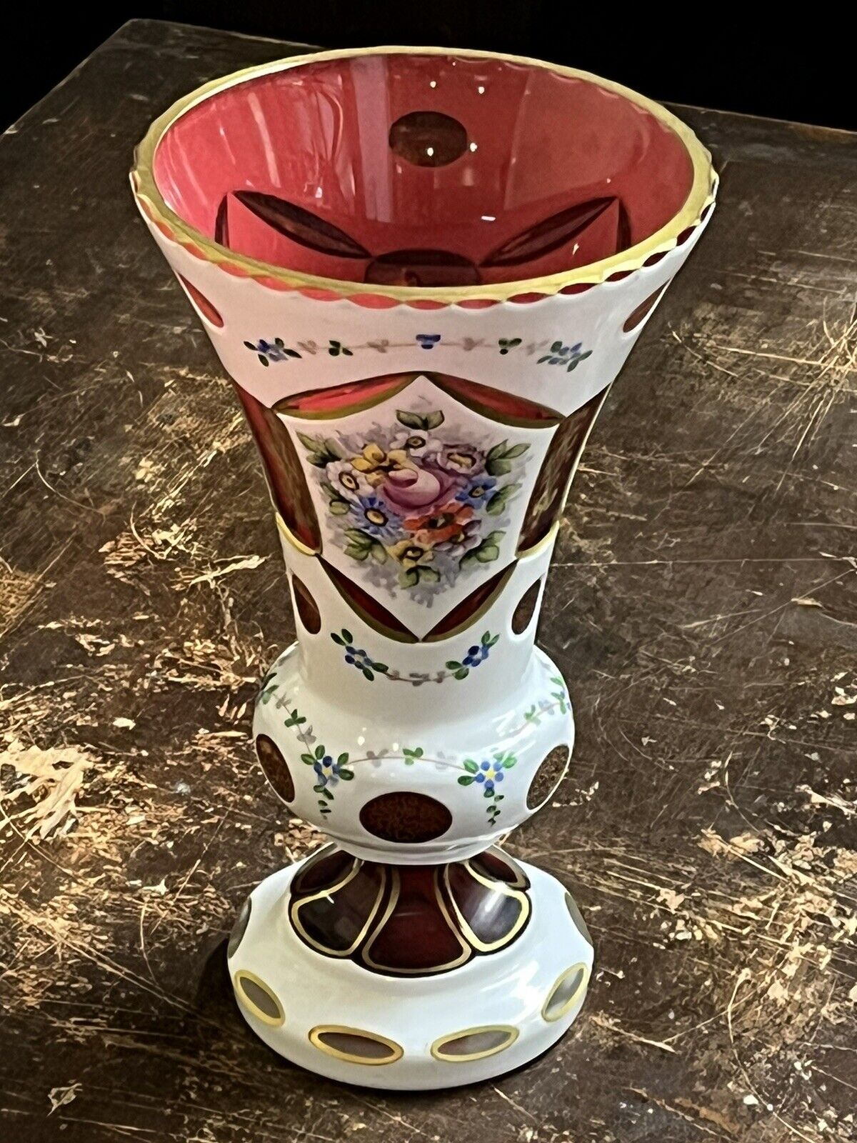 Bohemian White Cut Cranberry Gilt Vase. Ship Worldwide