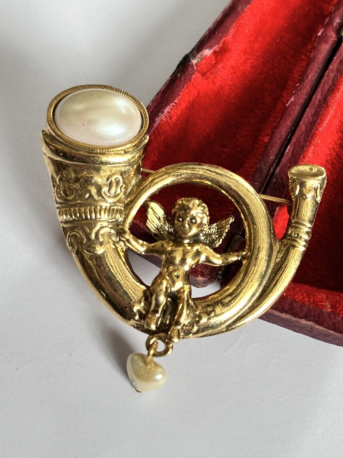 Vintage Gold Tone Faux Pearl Cherub Heart Brooch