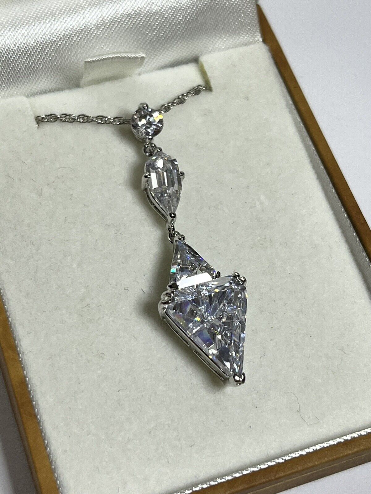 Vintage 1980s Rhodium Plated Clear Crystal Drop Necklace Boxed