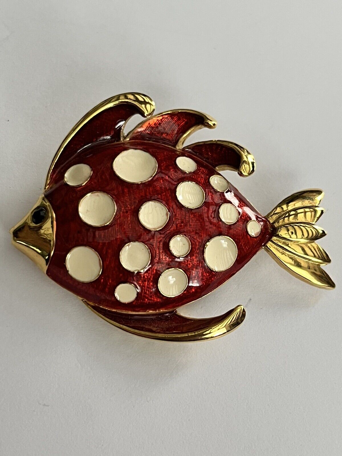 Vintage Red Cream Enamel Fish Brooch